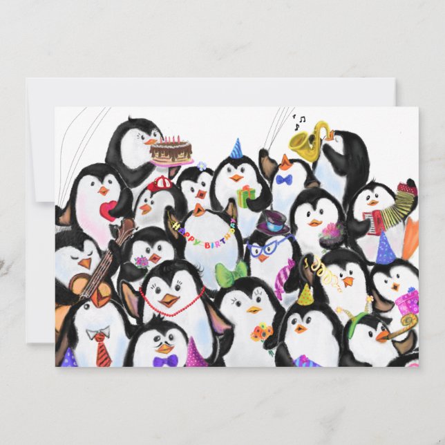 Happy Birthday Card with Happy Penguins Party  (Dos)
