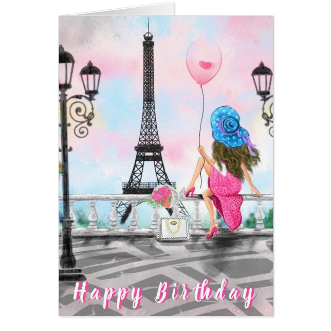 Happy Birthday Card Woman with Pink Balloon (Devant)