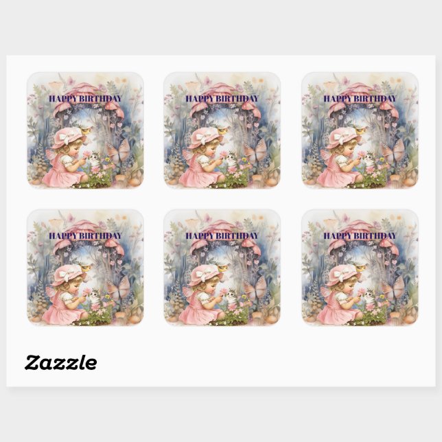 Happy Birthday Fairy Vintage Girl Square Sticker (Feuille)
