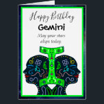 Happy Birthday Gemini friend or family member<br><div class="desc">Gemini Happy Birthday Horoscope sign Zodiac Astrology Symbol traits blue and black card. Hand drawn twins on front of card. On the inside of card is the Horoscope traits of a Gemini.</div>