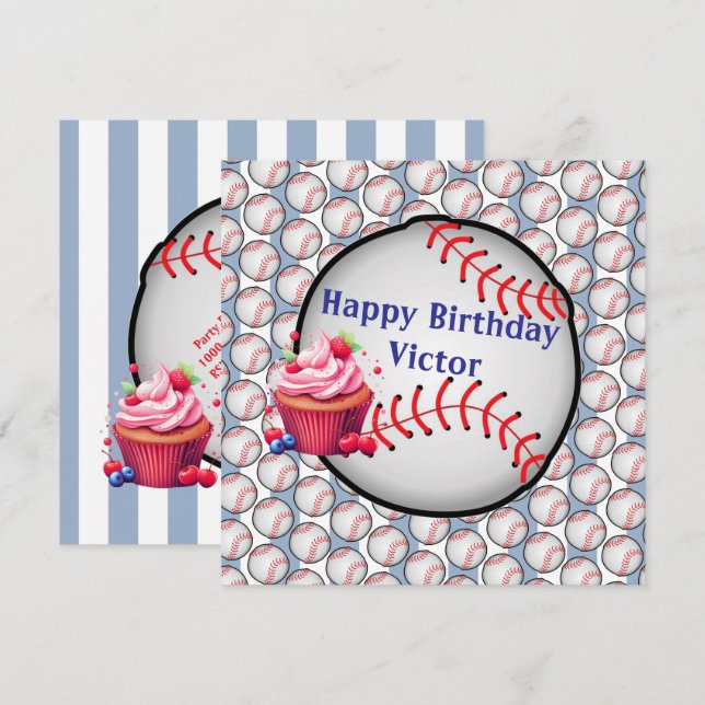 Happy Birthday Invitation Stripe Blue Baseball (Devant / Derrière)