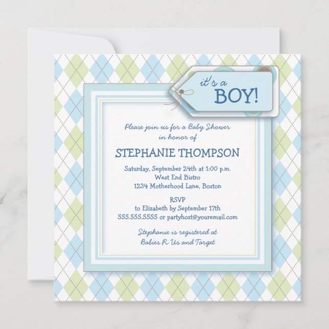 Happy Blue Jacquard Boy Baby shower Invitation (Devant)