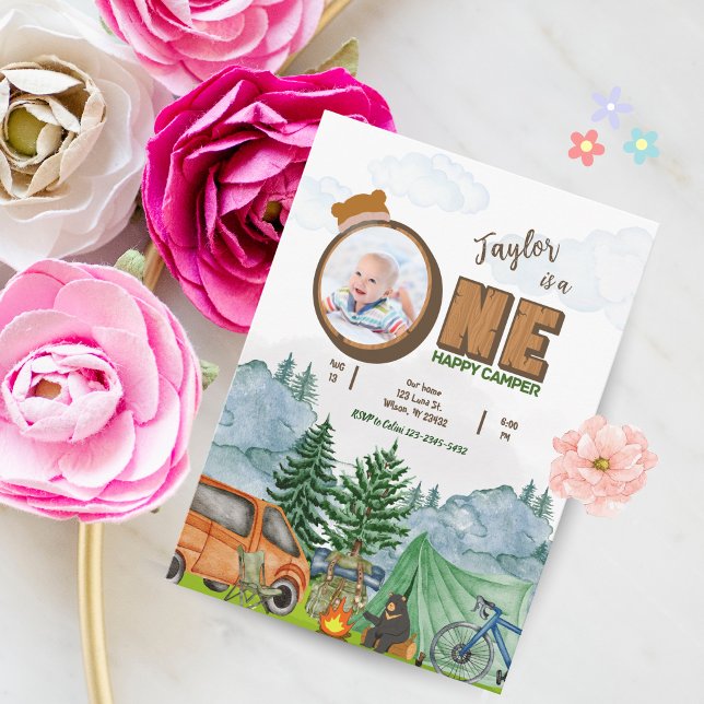 Happy Camper 1er Anniversaire Invitation (Garçon,  (Camper 1st Birthday Invitation Template)