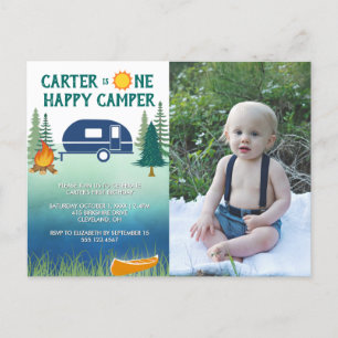 Happy Camper Boys First Birthday Photo Invitation 