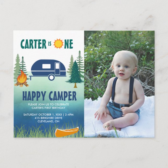 Happy Camper Boys First Birthday Photo Invitation (Devant)