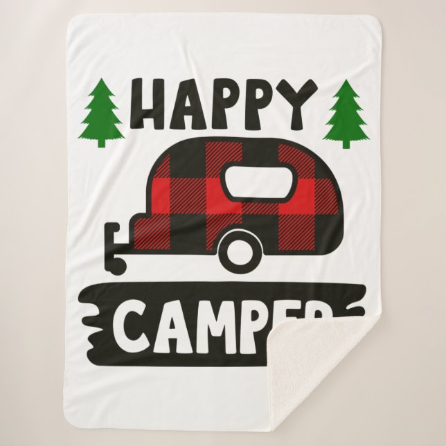 Happy Camper Buffalo Plaid Sherpa Blanket (Devant)