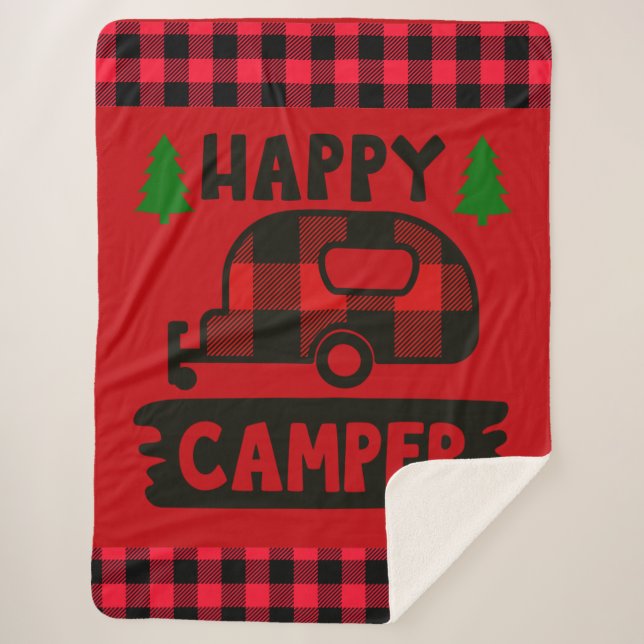 Happy Camper Red Buffalo Plaid Sherpa Blanket (Devant)