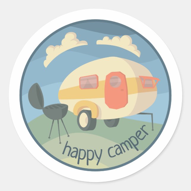 Happy Camper Travel Trailer Autocollant rond perso (Devant)
