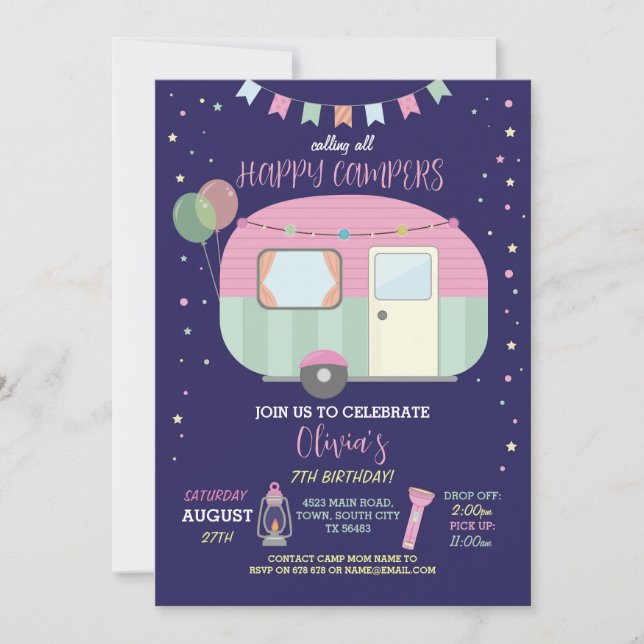Happy Campers Glamping Camp Navy Pink Invitation (Devant)