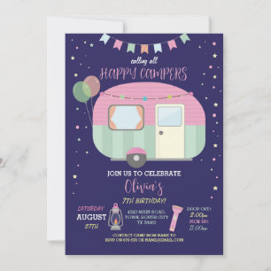 Happy Campers Glamping Camp Navy Pink Invitation