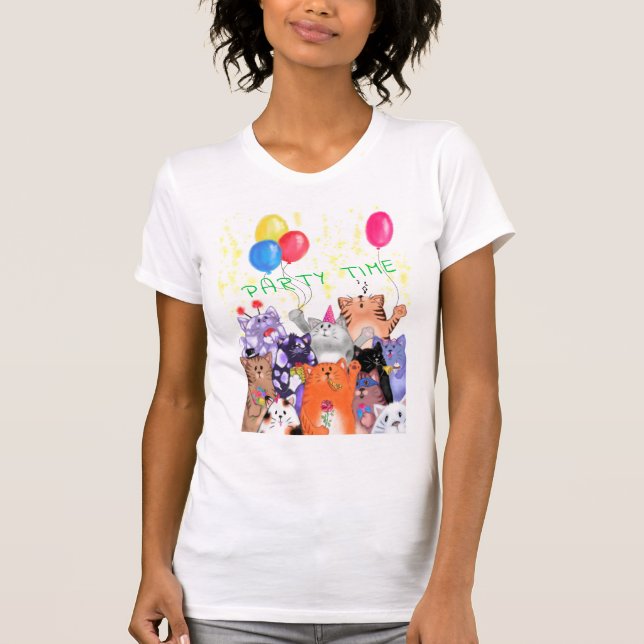 Happy Cat Party Cartoon T-Shirt Funny Cats  (Devant)