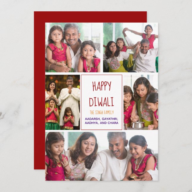 Happy Diwali Modern Photo Collage Red Holiday Card (Devant / Derrière)