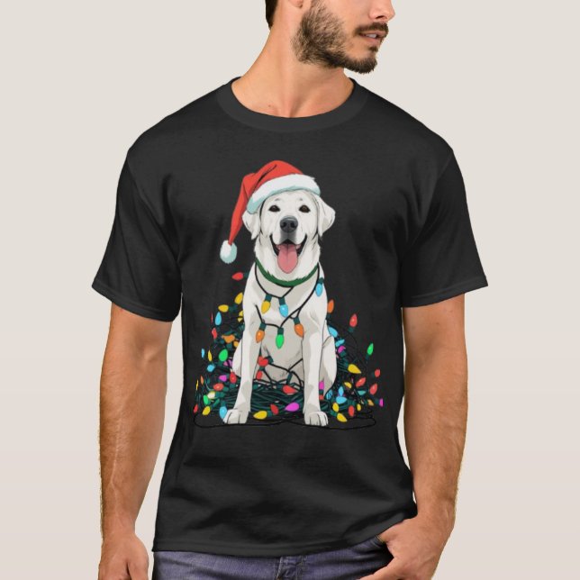 Happy Dog Tangled in Christmas Lights T-Shirt (Devant)