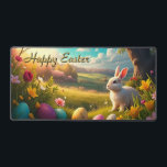 Happy Easter in a Spring Landscape<br><div class="desc">A picturesque spring landscape with rolling hills and blossoming trees stretches out in an idyllic, sunlit valley. A bright white Easter bunny sits attentively in the grass, surrounded by colorful, artfully decorated Easter eggs. The flowers in vibrant colors and the warm golden light of the setting sun lend the scene...</div>
