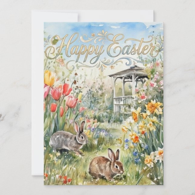 Happy Easter Spring Flowers & Bunnies Easter Card (Devant)