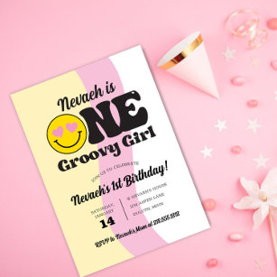 Happy Face One Groovy Girl 1st Birthday Invitation
