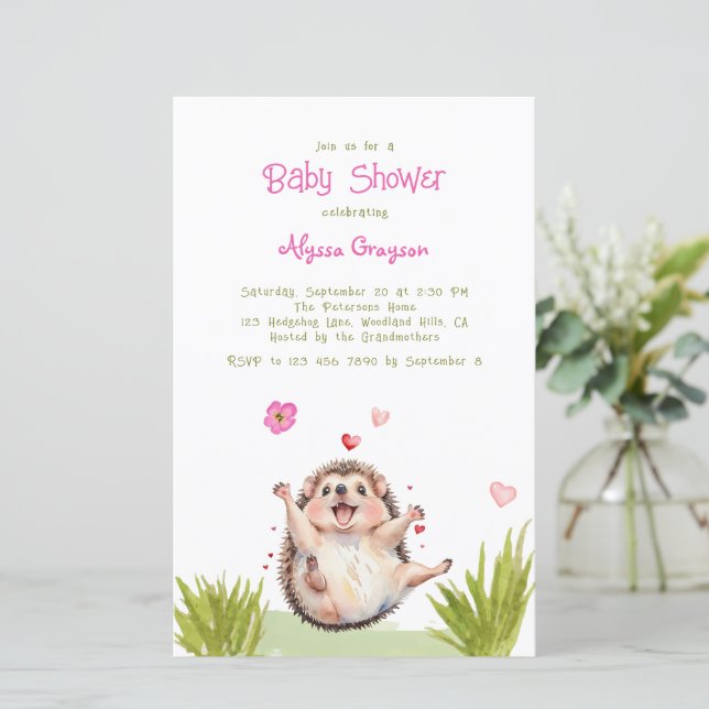 Happy Green Garden Baby shower Hérisson Invitation (Debout devant)