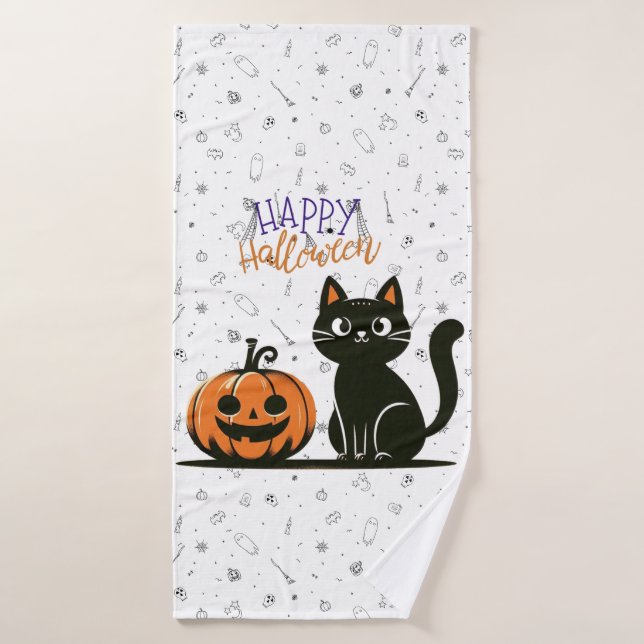 Happy Halloween chat et citrouille (Serviette de bain)