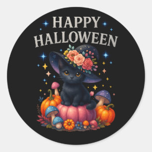 Happy Halloween Cute Citrouille Chat Stickers rond