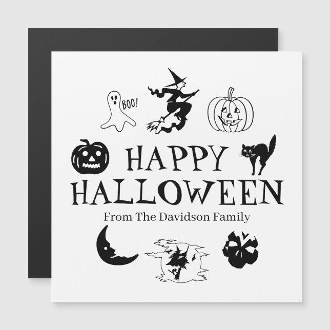 Happy Halloween nom personnalisé noir blanc aimant (Devant / Derrière)