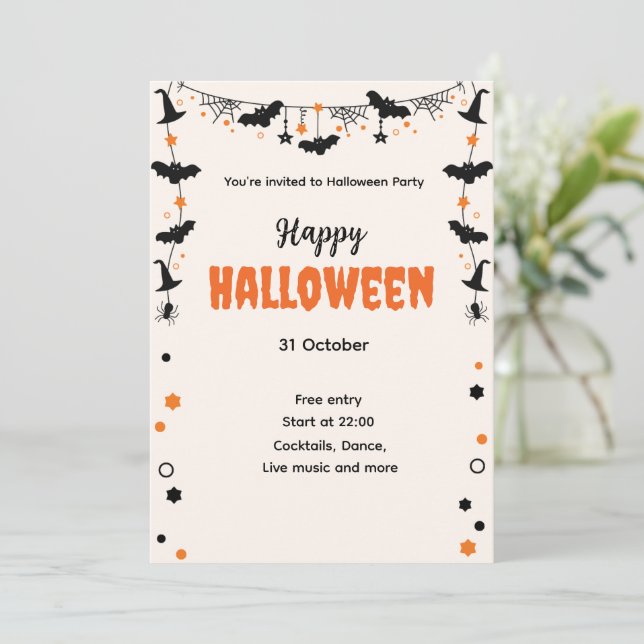 Happy Halloween Party Invitation with Bats, Stars  (Debout devant)
