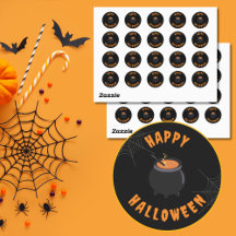 Happy Halloween Stickers Black & Orange Round