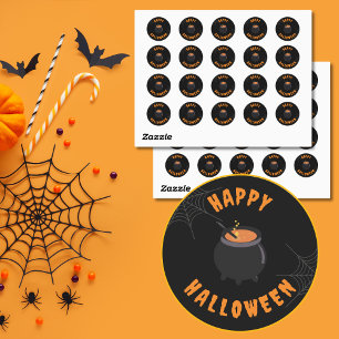 Happy Halloween Stickers Black & Orange Round
