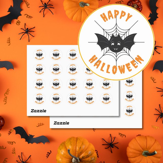 Happy Halloween Stickers Black & Orange Round (Black & Orange Halloween Bat Stickers.)
