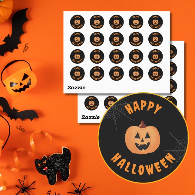 Happy Halloween Stickers Black & Orange Round (Black & Orange Halloween Pumpkin Stickers.)