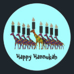 Happy Hannukah Stickers<br><div class="desc">Illustration graphique de Hannukah menorah coloré avec girafes dessin d'art animal. Envoyez un message à vos amis et à votre famille lors de ce jour férié.</div>