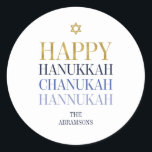 Happy Hanoukka Chanukah Holiday Sticker rond<br><div class="desc">La conception simulée de feuille d'or Faux est incorporée dans cette conception. Personnalisez le texte personnalisé ci-dessus. Vous pouvez trouver d'autres éléments de coordination dans notre collection "Happy Hanoukka Chanukah".</div>