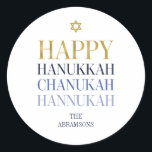 Happy Hanoukka Chanukah Holiday Sticker rond<br><div class="desc">La conception simulée de feuille d'or Faux est incorporée dans cette conception. Personnalisez le texte personnalisé ci-dessus. Vous pouvez trouver d'autres éléments de coordination dans notre collection "Happy Hanoukka Chanukah".</div>