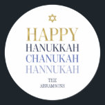 Happy Hanoukka Chanukah Holiday Sticker rond<br><div class="desc">La conception simulée de feuille d'or Faux est incorporée dans cette conception. Personnalisez le texte personnalisé ci-dessus. Vous pouvez trouver d'autres éléments de coordination dans notre collection "Happy Hanoukka Chanukah".</div>