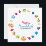 Happy Hanoukka Modern Photo Dreidel Star Nom<br><div class="desc">Ce design de vacances présente le texte "Happy Hanoukka" dans la typographie moderne rouge et bleu entourée de dreidels, pièces d'or, étoiles et sufganiyah. Personnalisé avec votre nom et votre photo préférée au dos. #hanoukka #chanukah #vacances #saisonnière #fête #moderne #dreidel #star #pièce #or #starofdavid #design #cartes de voeux #voeux #cartes...</div>