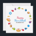 Happy Hanoukka Modern Photo Dreidel Star Nom<br><div class="desc">Ce design de vacances présente le texte "Happy Hanoukka" dans la typographie moderne rouge et bleu entourée de dreidels, pièces d'or, étoiles et sufganiyah. Personnalisé avec votre nom et votre photo préférée au dos. #hanoukka #chanukah #vacances #saisonnière #fête #moderne #dreidel #star #pièce #or #starofdavid #design #cartes de voeux #voeux #cartes...</div>