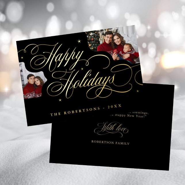 Happy Holidays Calligraphy Photo Carte de nom de f (gold calligraphy family photo happy holiday greeting)
