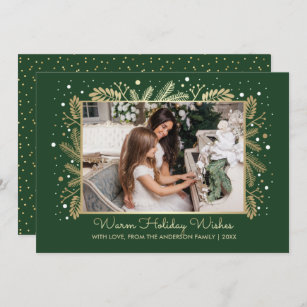 Happy Holidays Gold Pine Branches Carte photo cadr