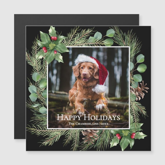 Happy Holidays Pet Photo Wreath Magnetic Card (Devant / Derrière)