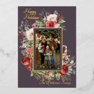 Happy Holidays Photo Floral Foil Carte de vacances