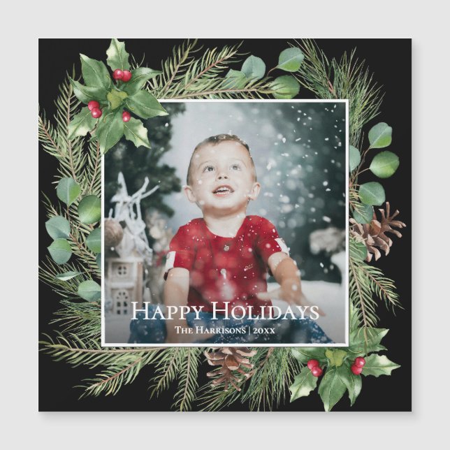 Happy Holidays Photo Greenery Square Magnetic Card (Devant)