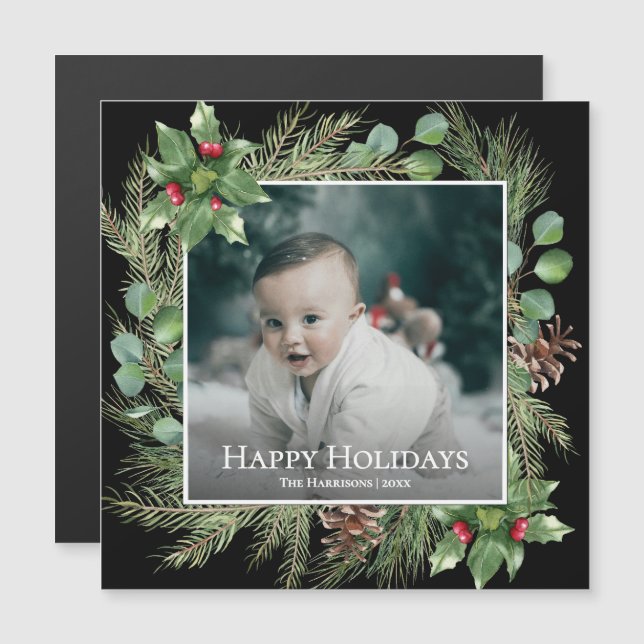 Happy Holidays Photo Wreath Greenery Magnetic Card (Devant / Derrière)