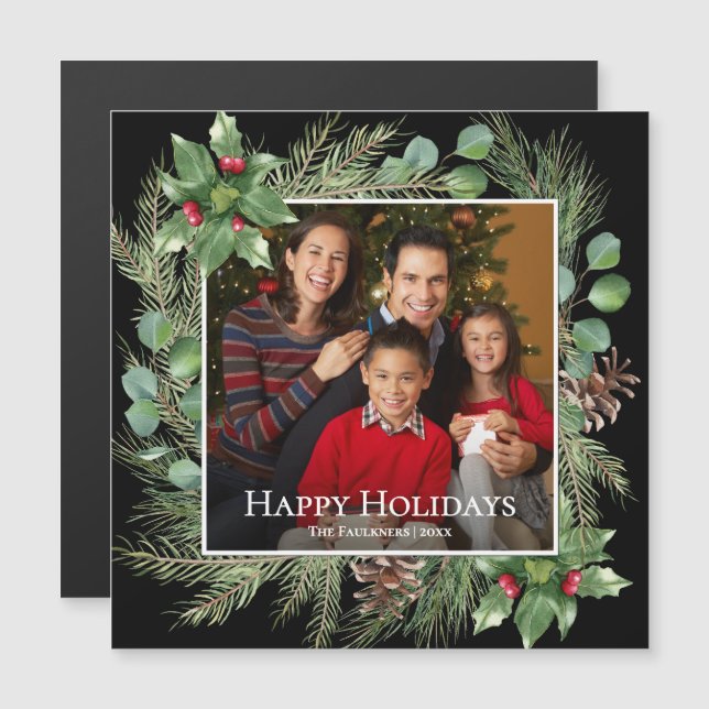 Happy Holidays Photo Wreath Greenery Magnetic Card (Devant / Derrière)
