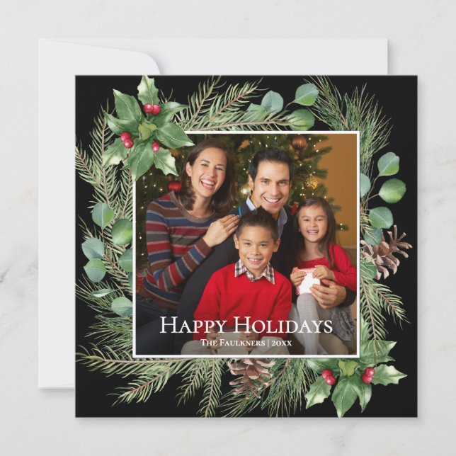 Happy Holidays Photo Wreath Greenery Square Card (Devant)