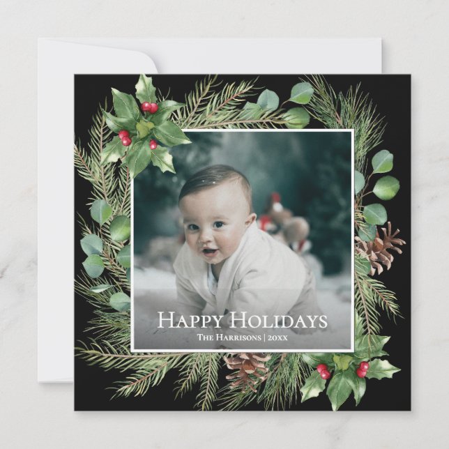 Happy Holidays Photo Wreath Square Christmas Card (Devant)