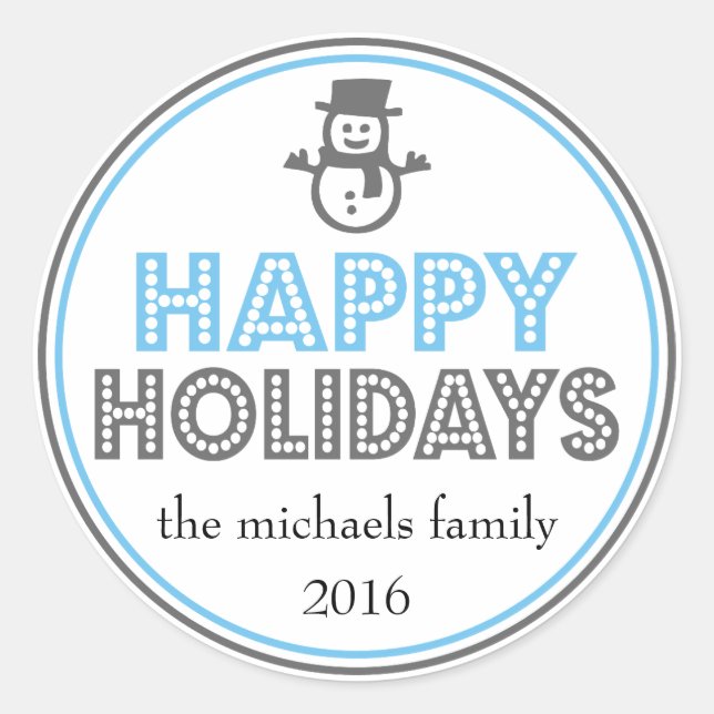 Happy Holidays Snowman Favor Sticker (bleu / gris) (Devant)