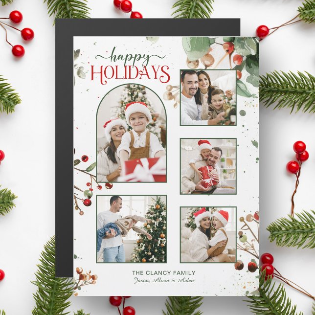 Happy Holidays Watercolor Holly Botanical 5 Photo (Créateur téléchargé)