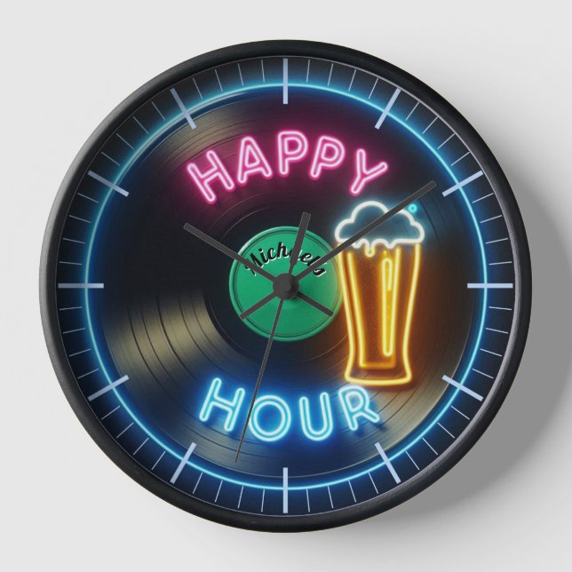 Happy Hour Bar Horloge Neon Beer Nom personnalisé  (Recto)