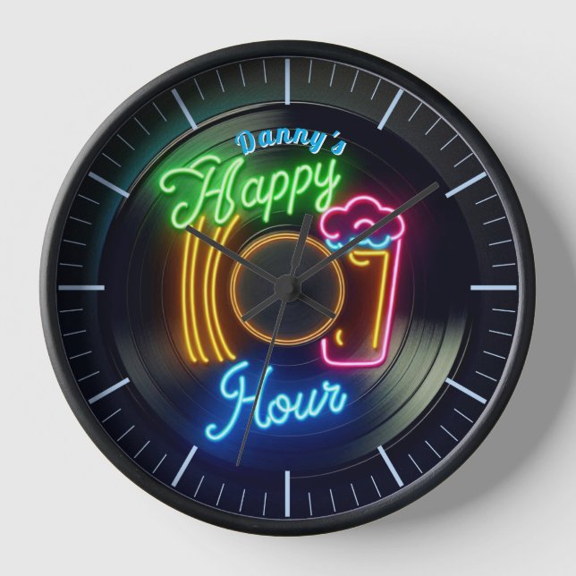 Happy Hour Bar Horloge Neon Beer Nom personnalisé  (Recto)