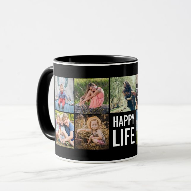 Happy Life Photo Collage Black Custom Coffee Mug (Devant gauche)