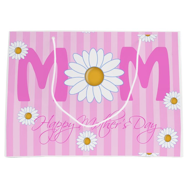 Happy Mère's Day Cadeau Sac cadeau (A vibrant gift bag featuring bold pink stripes and large daisies. )